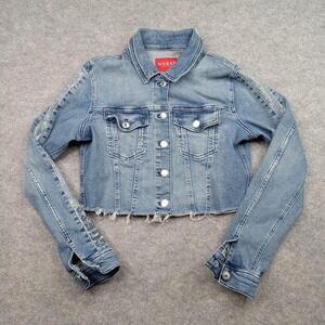 Guess Jacket Womens Medium Blue Cropped Denim Raw Hem Frayed Trucker W1RN03D2XP2